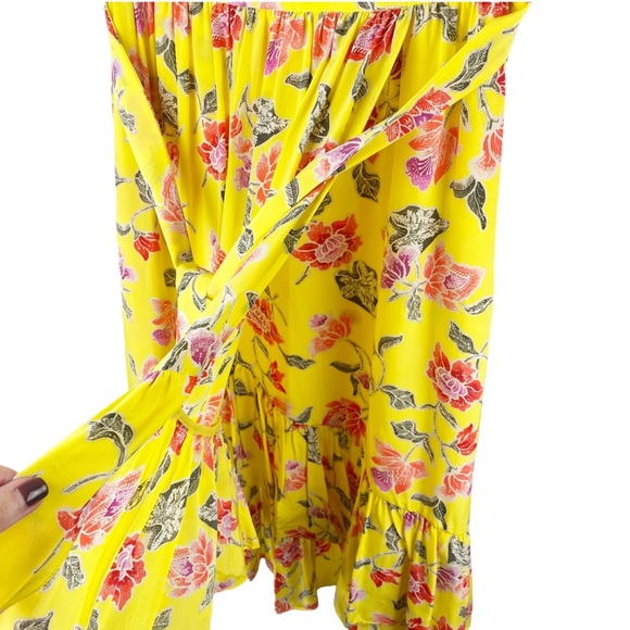 JOIE Yellow Ruffle Faux Wrap Floral SILK Midi Skirt with Tie Size 6 - Picture 7 of 11